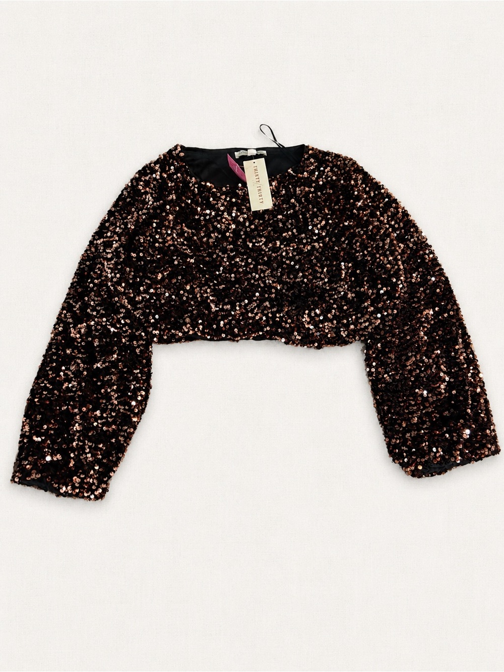 Cropped Sequin Long-Sleeve Top - Bronze and Black